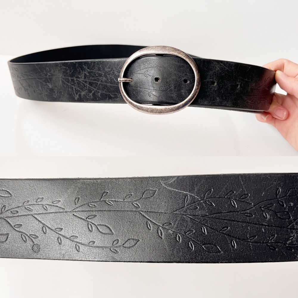 Eddie Bauer Leather Belt XL Black Floral Vine Embossed Boho 90s Silver Buckle